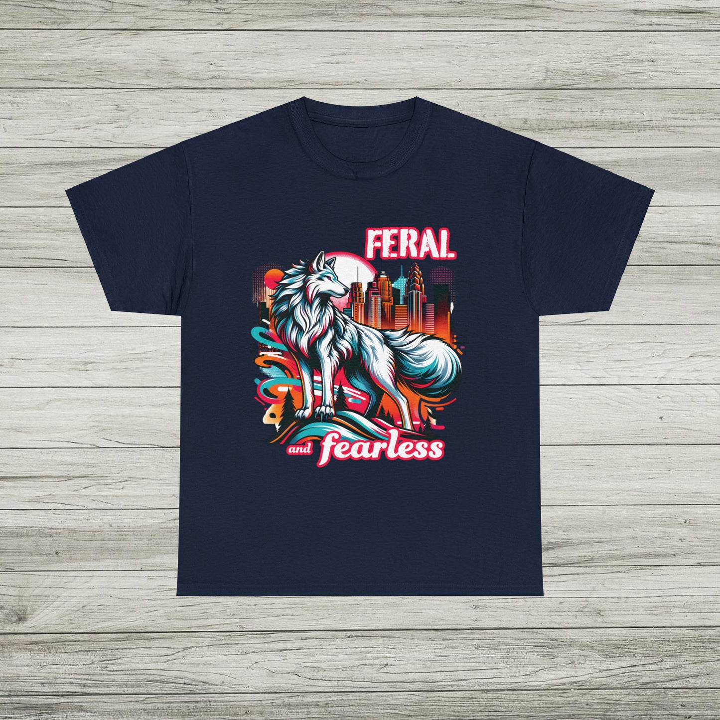 Feral and Fearless White Wolf T-Shirt Strong Woman 90s Gen X Feminist Tee Cityscape Skyline Nature City Inspirational Shirt