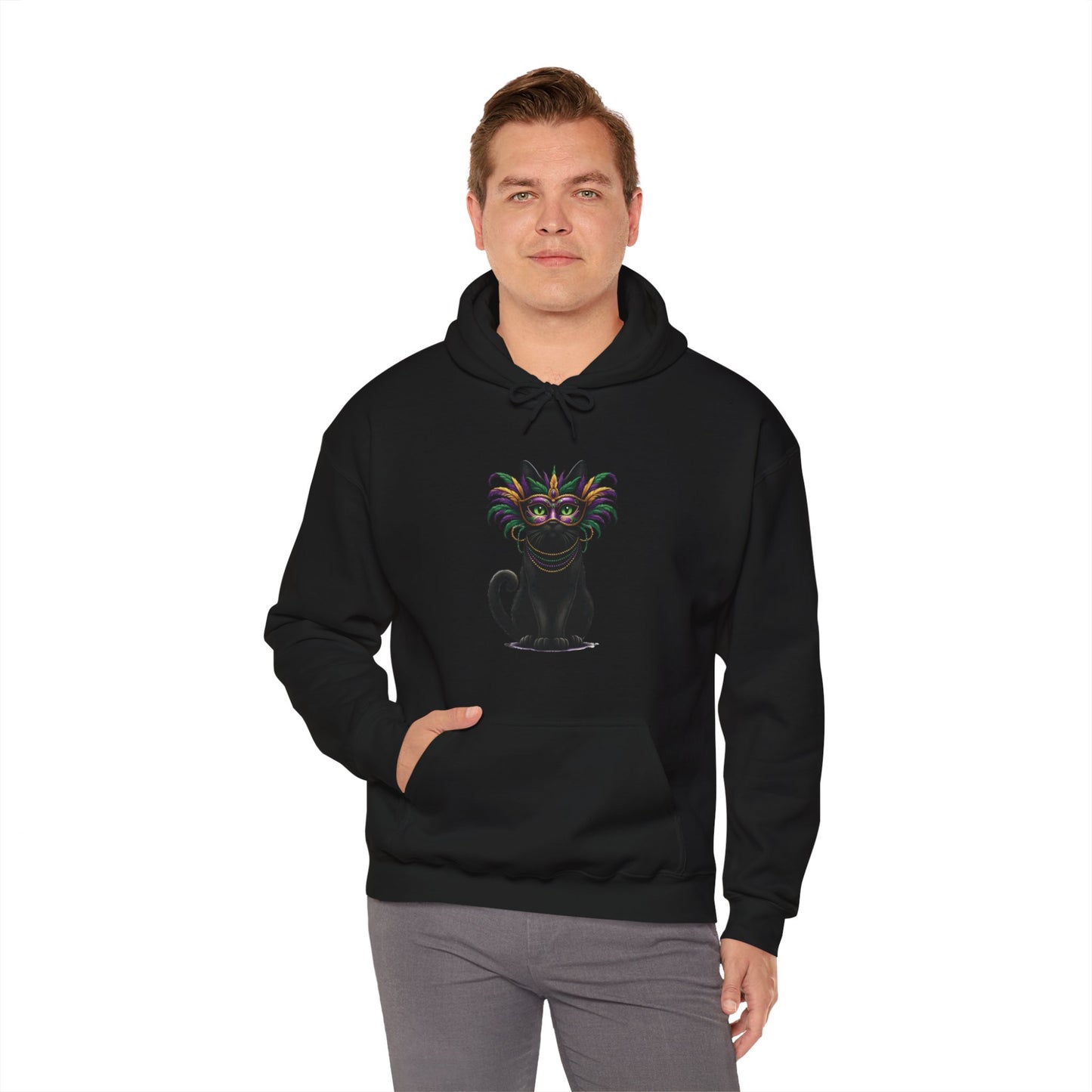 Black Cat Mardi Gras Hoodie Masquerade Ball Kitten and Beads Sweatshirt New Orleans French Quarter NOLA Carnival Parade Cat