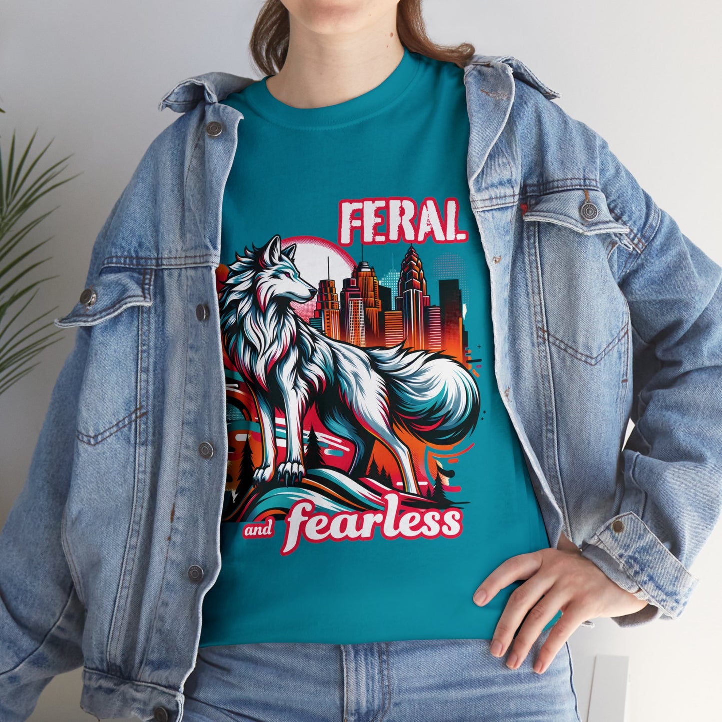 Feral and Fearless White Wolf T-Shirt Strong Woman 90s Gen X Feminist Tee Cityscape Skyline Nature City Inspirational Shirt