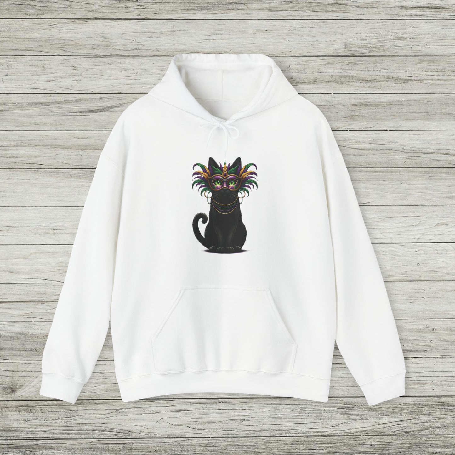 Black Cat Mardi Gras Hoodie Masquerade Ball Kitten and Beads Sweatshirt New Orleans French Quarter NOLA Carnival Parade Cat