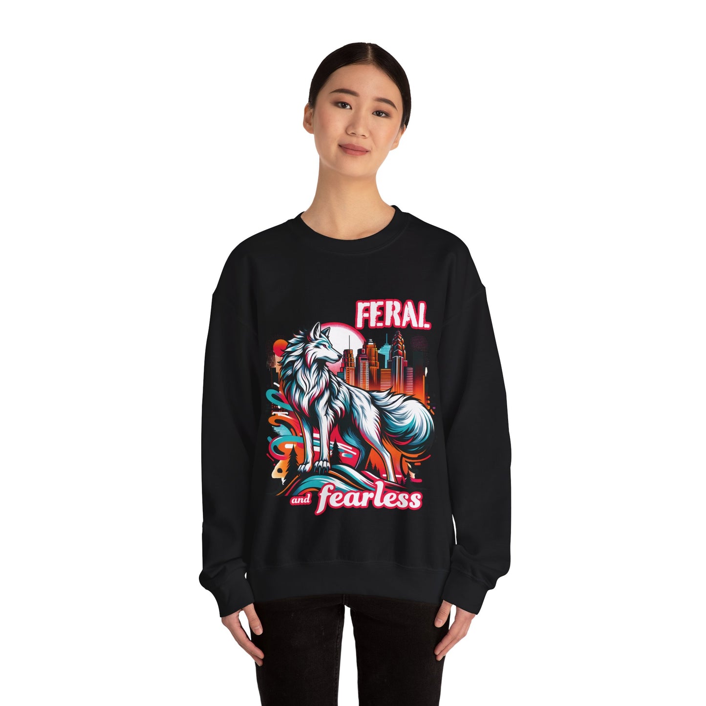 Feral and Fearless White Wolf Sweatshirt Strong Woman 90s Gen X Feminist Crewneck Cityscape Skyline Nature City Inspirational Shirt