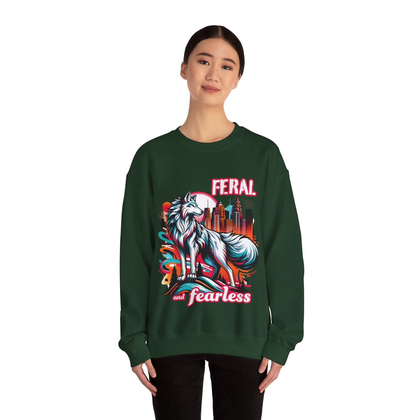 Feral and Fearless White Wolf Sweatshirt Strong Woman 90s Gen X Feminist Crewneck Cityscape Skyline Nature City Inspirational Shirt