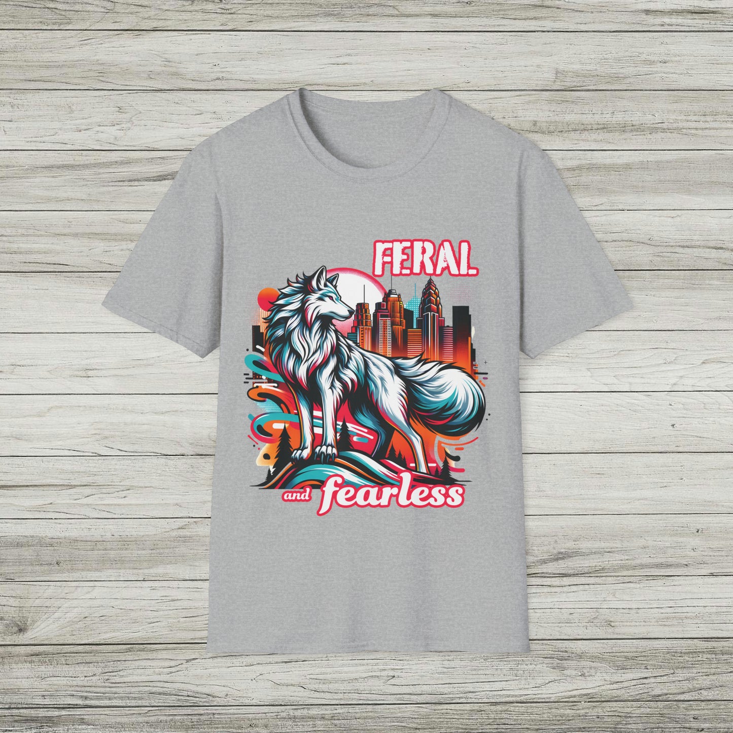 Feral and Fearless White Wolf T-Shirt Strong Woman 90s Gen X Feminist Tee Cityscape Skyline Nature City Inspirational Shirt