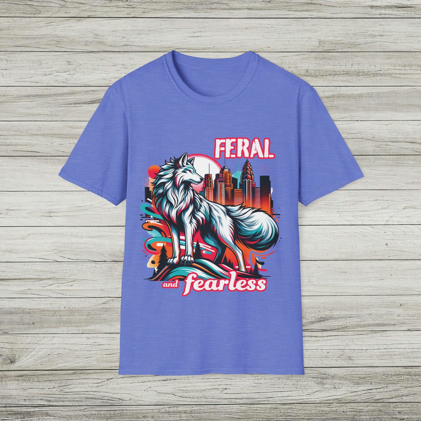 Feral and Fearless White Wolf T-Shirt Strong Woman 90s Gen X Feminist Tee Cityscape Skyline Nature City Inspirational Shirt