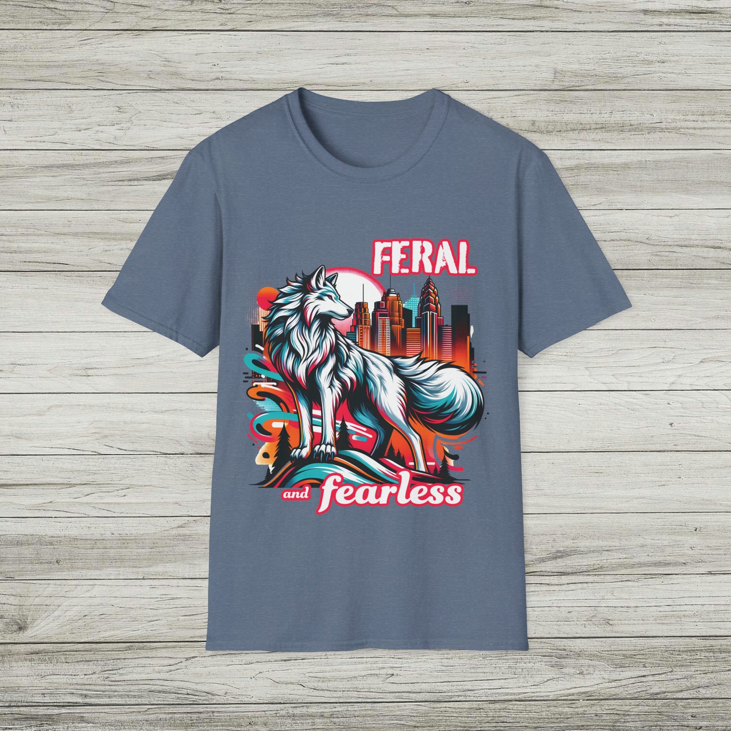 Feral and Fearless White Wolf T-Shirt Strong Woman 90s Gen X Feminist Tee Cityscape Skyline Nature City Inspirational Shirt