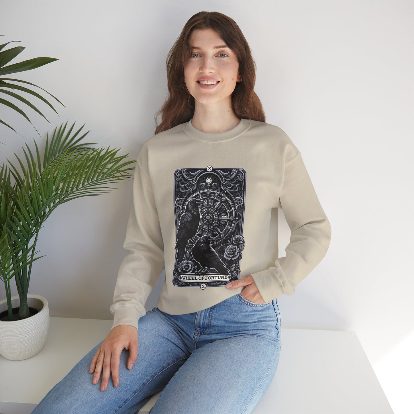 Gothic Crow Tarot Card Wheel of Fortune Lucky Crewneck Sweatshirt