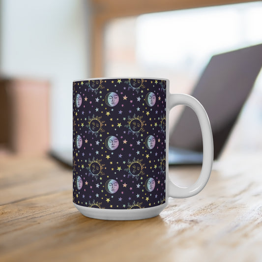 Sun Moon and Stars 15oz Large Mug, Mystic Coffee Cup, New Age Space Cosmos Astrology Ceramic C-Handle Mug