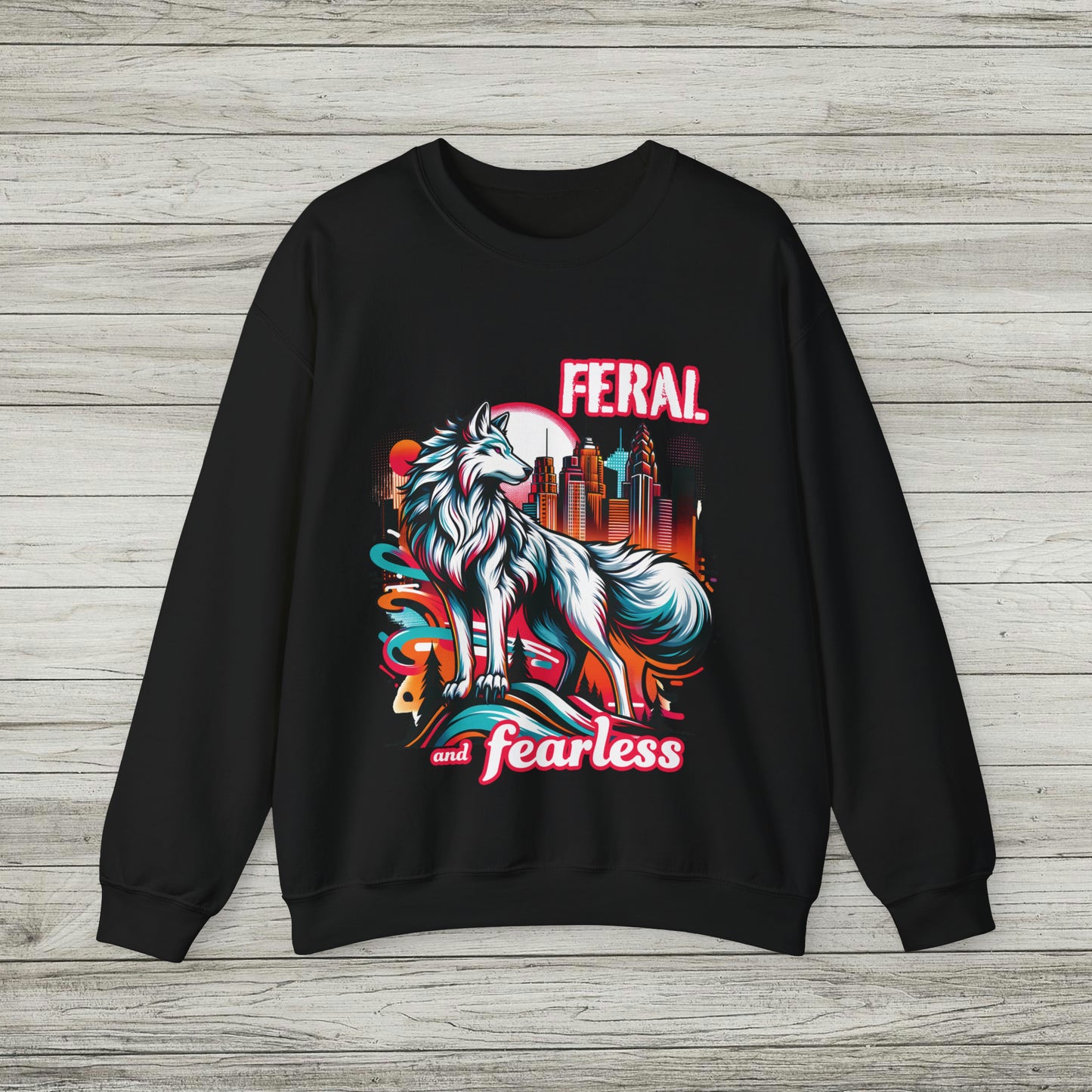 Feral and Fearless White Wolf Sweatshirt Strong Woman 90s Gen X Feminist Crewneck Cityscape Skyline Nature City Inspirational Shirt