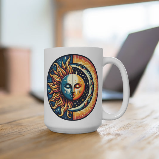 Celestial Sun and Moon 15oz Large Mug, Mystic Coffee Cup, Colorful New Age Ceramic C-Handle Mug