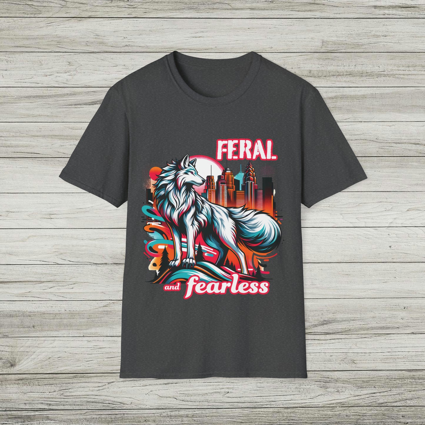 Feral and Fearless White Wolf T-Shirt Strong Woman 90s Gen X Feminist Tee Cityscape Skyline Nature City Inspirational Shirt