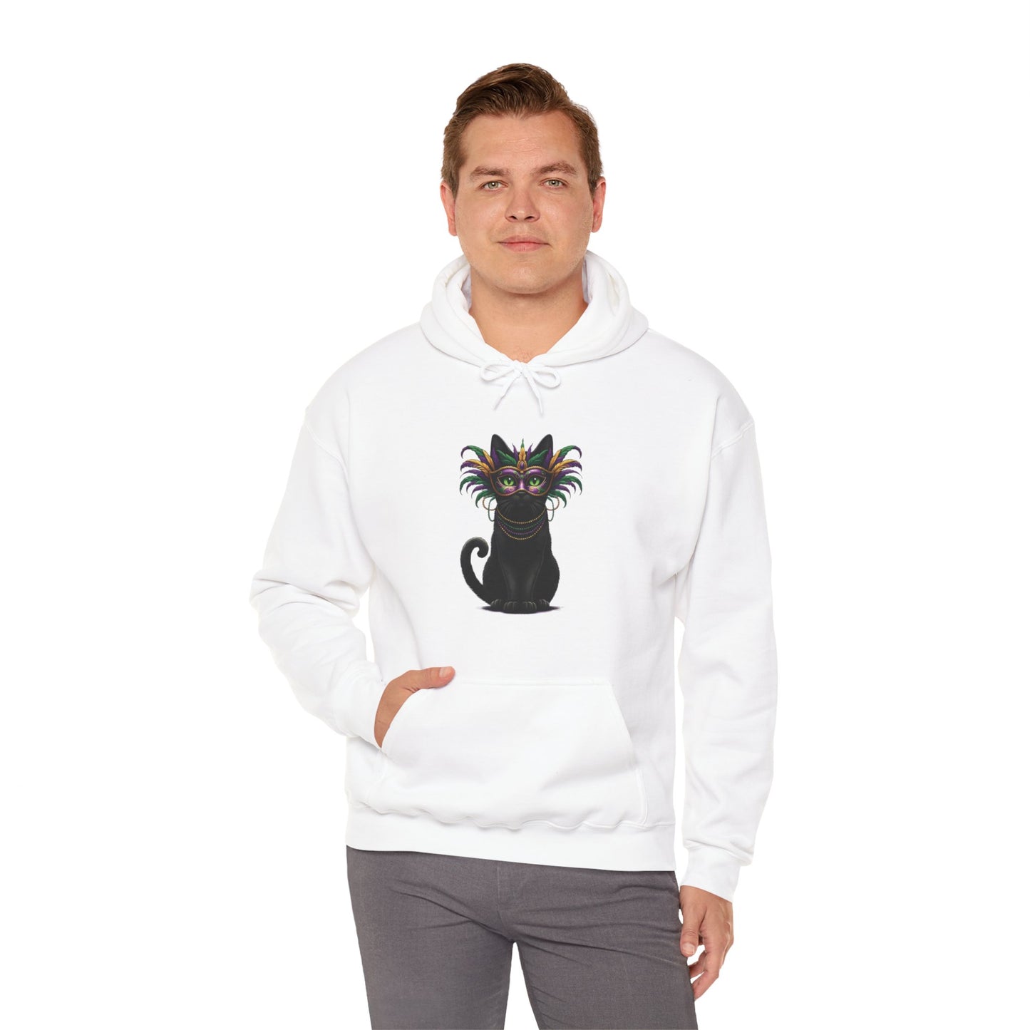 Black Cat Mardi Gras Hoodie Masquerade Ball Kitten and Beads Sweatshirt New Orleans French Quarter NOLA Carnival Parade Cat