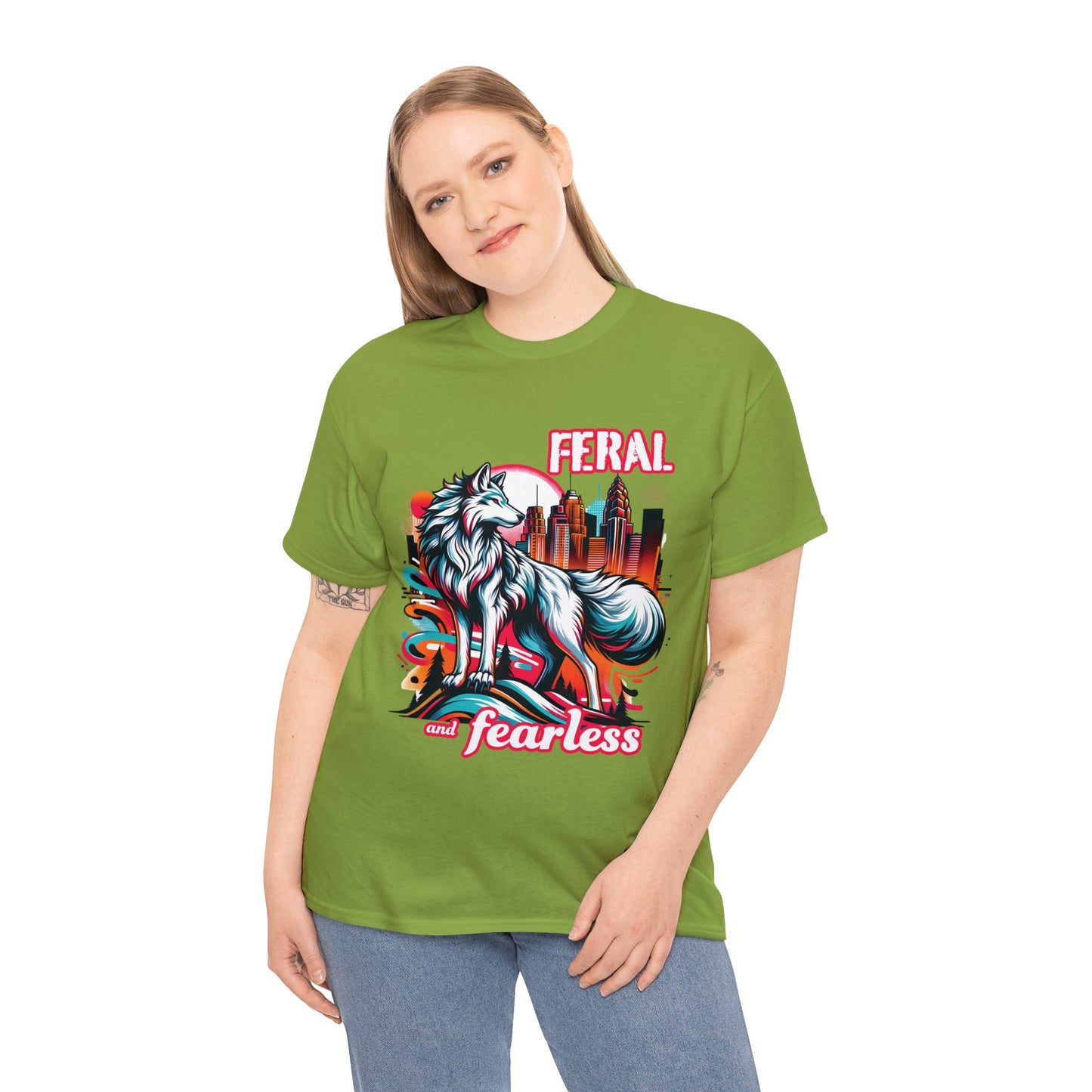 Feral and Fearless White Wolf T-Shirt Strong Woman 90s Gen X Feminist Tee Cityscape Skyline Nature City Inspirational Shirt