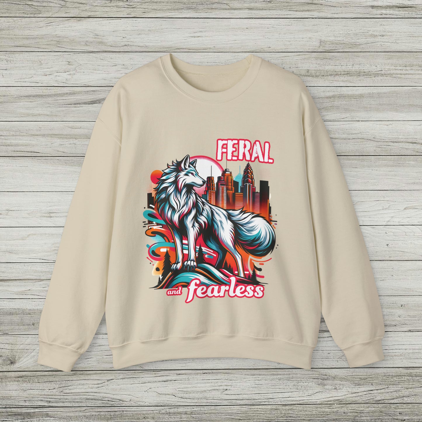 Feral and Fearless White Wolf Sweatshirt Strong Woman 90s Gen X Feminist Crewneck Cityscape Skyline Nature City Inspirational Shirt