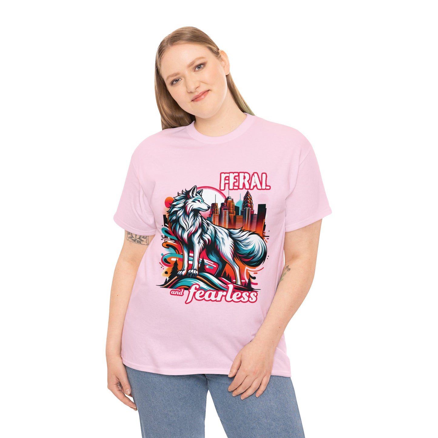 Feral and Fearless White Wolf T-Shirt Strong Woman 90s Gen X Feminist Tee Cityscape Skyline Nature City Inspirational Shirt