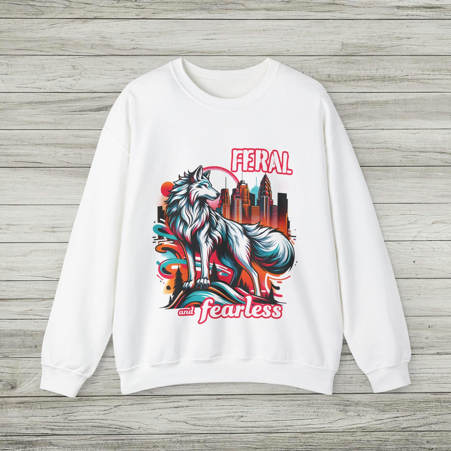 Feral and Fearless White Wolf Sweatshirt Strong Woman 90s Gen X Feminist Crewneck Cityscape Skyline Nature City Inspirational Shirt