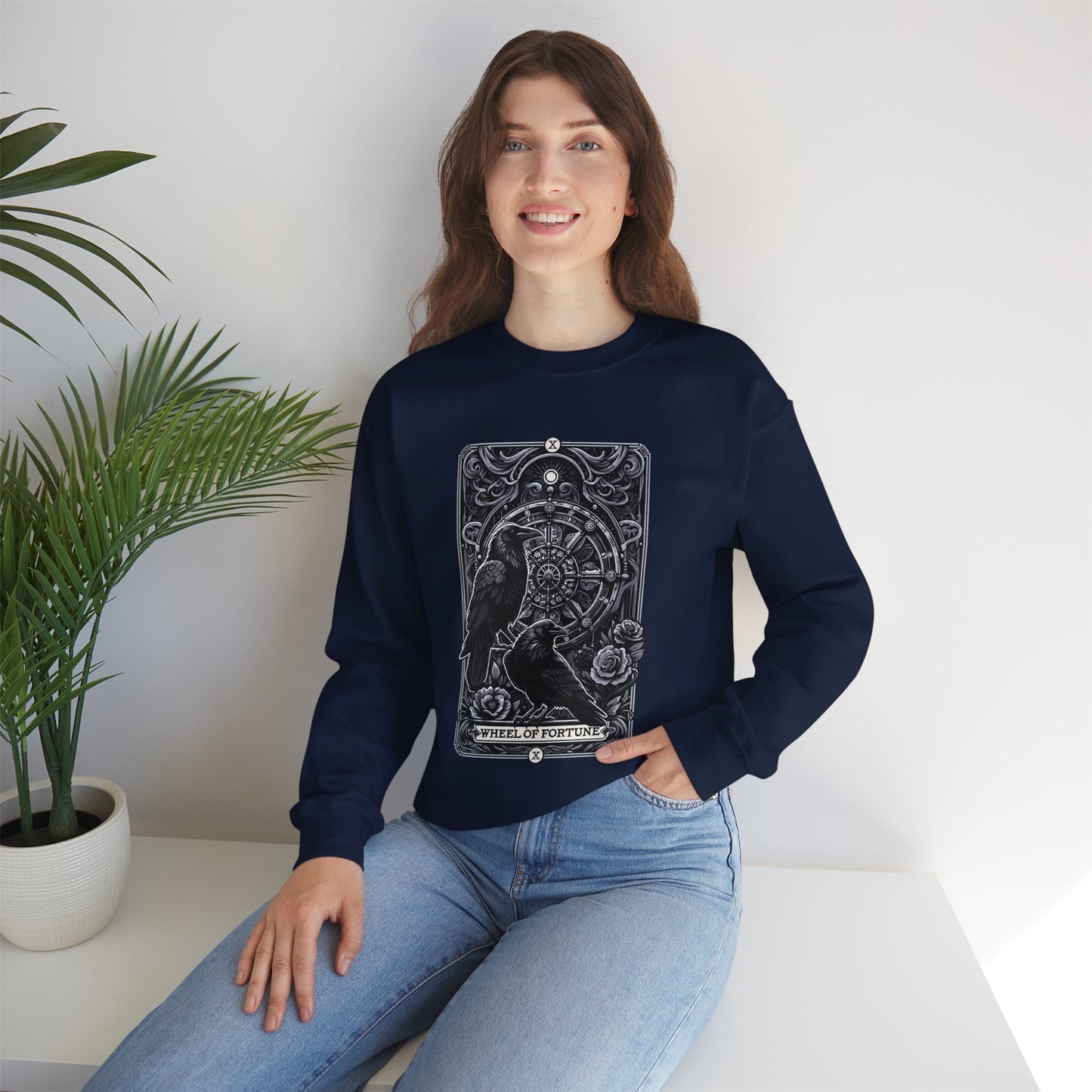 Gothic Crow Tarot Card Wheel of Fortune Lucky Crewneck Sweatshirt