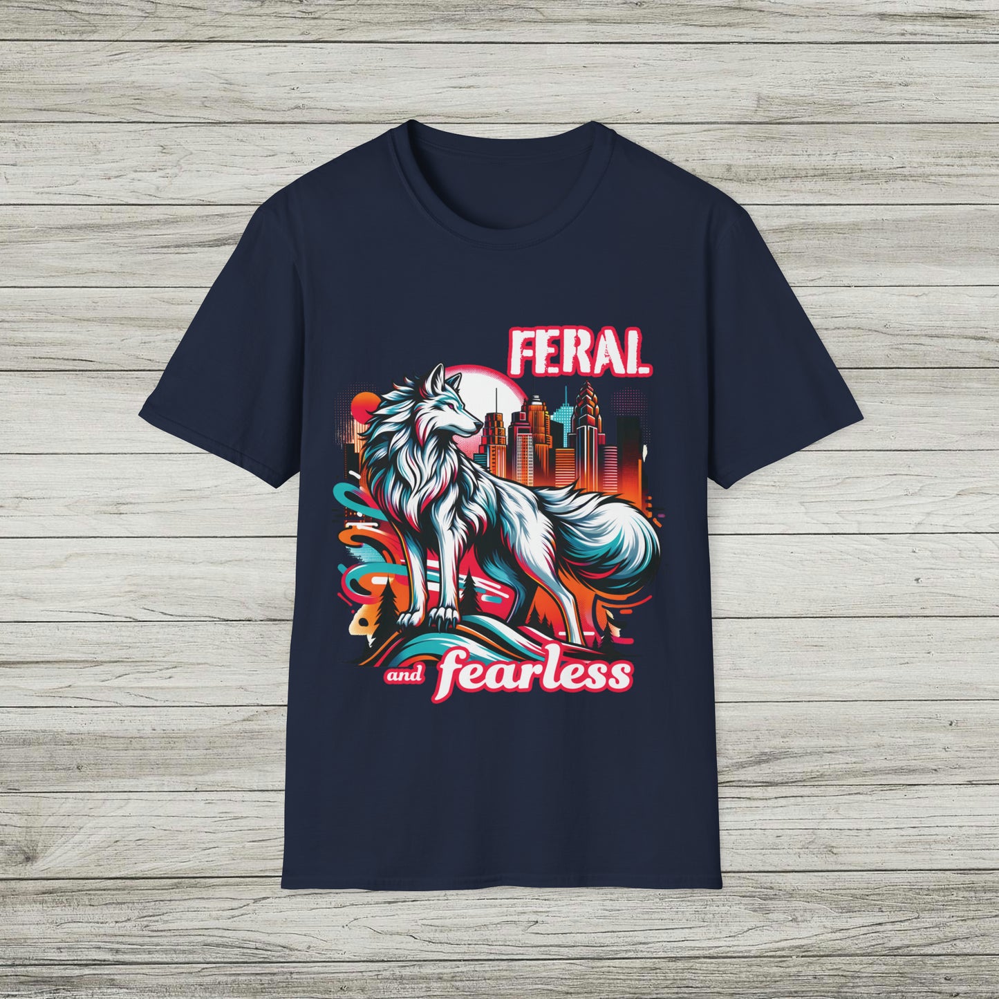 Feral and Fearless White Wolf T-Shirt Strong Woman 90s Gen X Feminist Tee Cityscape Skyline Nature City Inspirational Shirt