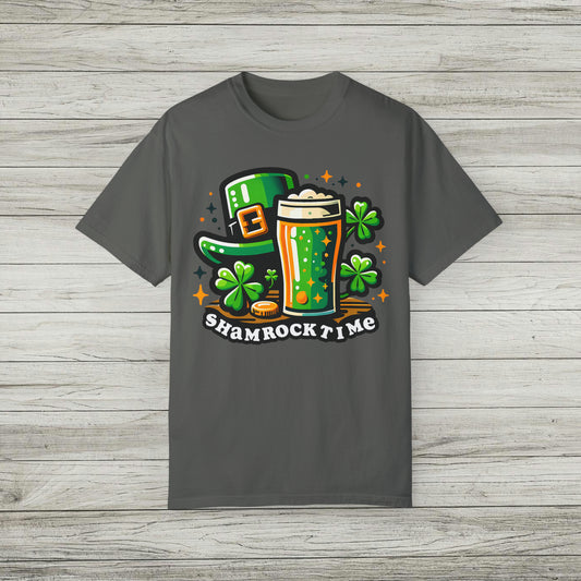 Shamrock Time Garment-Dyed T-shirt, St. Patrick's Day Tee, Lucky Funny Beer Drinking Shirt, Good Craic