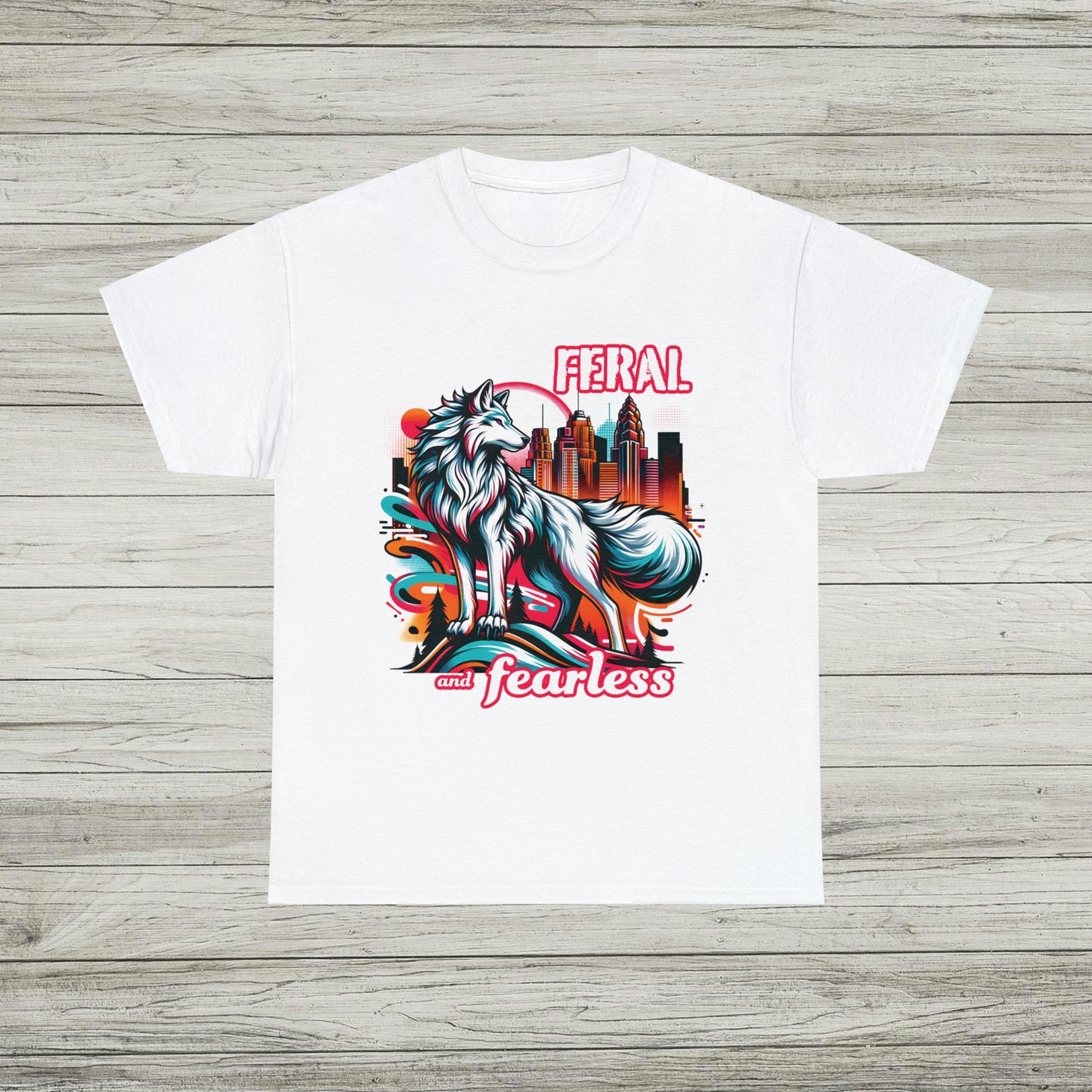 Feral and Fearless White Wolf T-Shirt Strong Woman 90s Gen X Feminist Tee Cityscape Skyline Nature City Inspirational Shirt