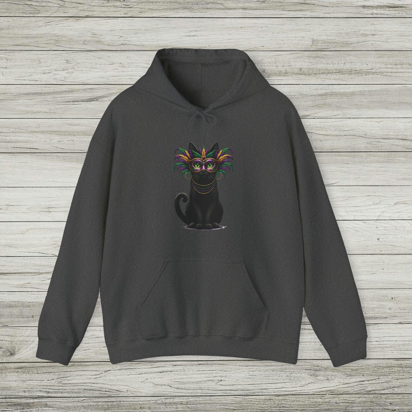 Black Cat Mardi Gras Hoodie Masquerade Ball Kitten and Beads Sweatshirt New Orleans French Quarter NOLA Carnival Parade Cat