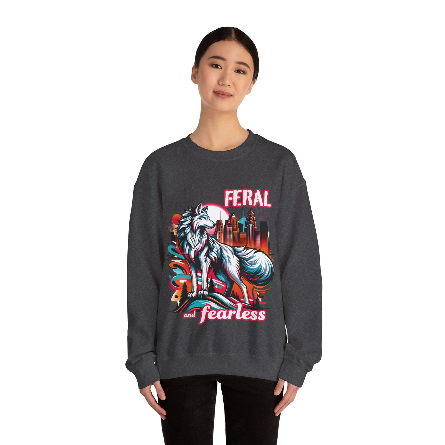 Feral and Fearless White Wolf Sweatshirt Strong Woman 90s Gen X Feminist Crewneck Cityscape Skyline Nature City Inspirational Shirt