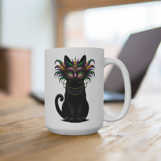 Black Cat Mardi Gras 15oz Large Mug, Masquerade Ball Kitten Coffee Cup, NOLA Beads Carnival Ceramic C-Handle Mug