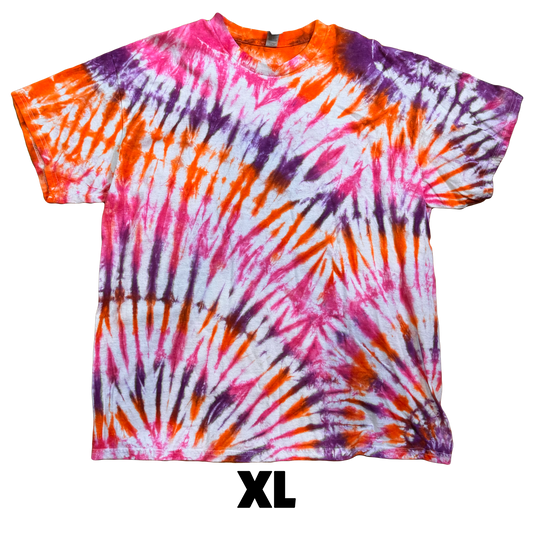 Tie Dye T-Shirt - Orange Pink Purple Corner Spiral XL