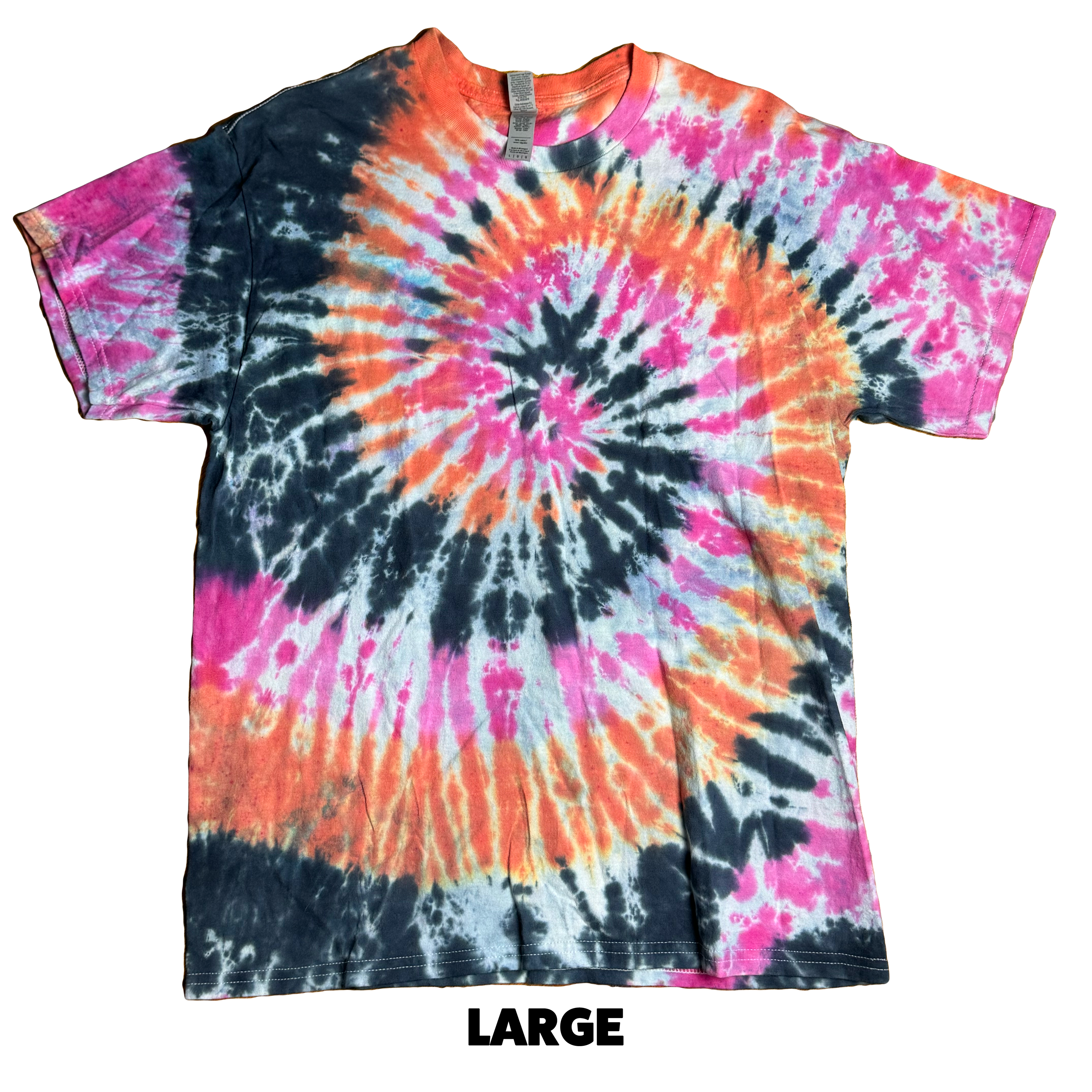 Tie Dye T-Shirt - Orange Pink Black Spiral LARGE