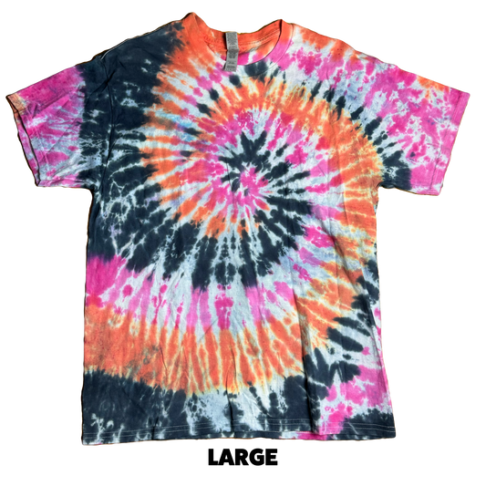 Tie Dye T-Shirt - Orange Pink Black Spiral LARGE